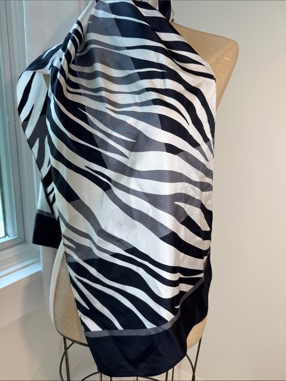 Unbranded silky black and white zebra print scarf.
